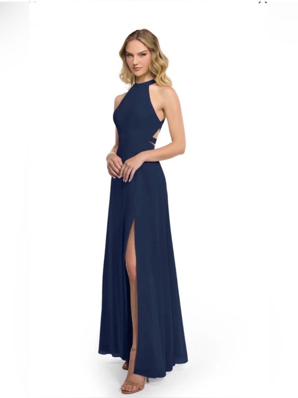 Azazie NWT Clarice Halter Open Back Bridesmaid Gown Navy Chiffon 2